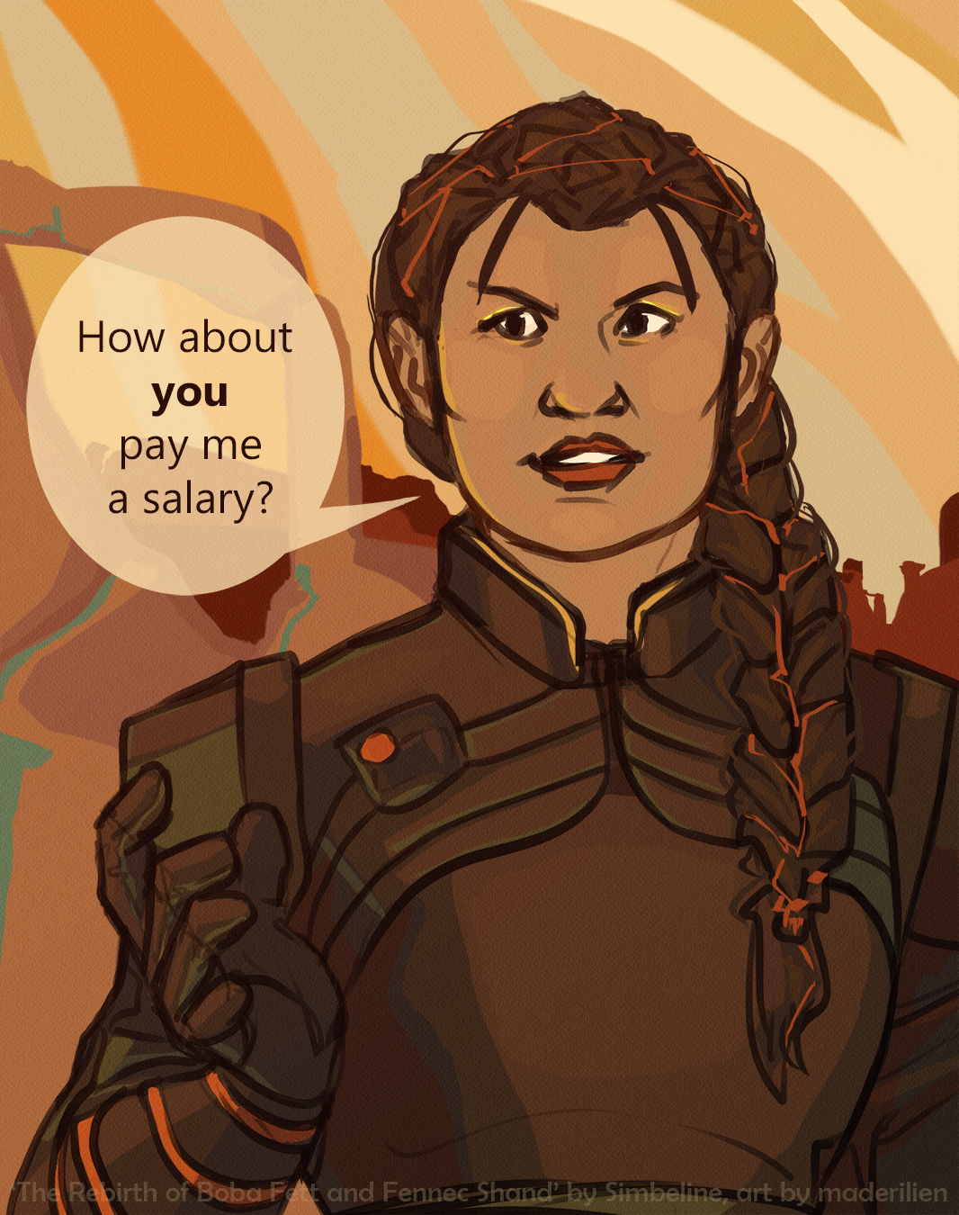 Illustration of Fennec from the previous scene. Fennec is saying how about you pay me a salary?