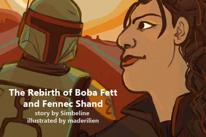 Fic banner of Boba and Fennec on Tatooine. Fennec is looking over her shoulder at Boba smiling slightly.